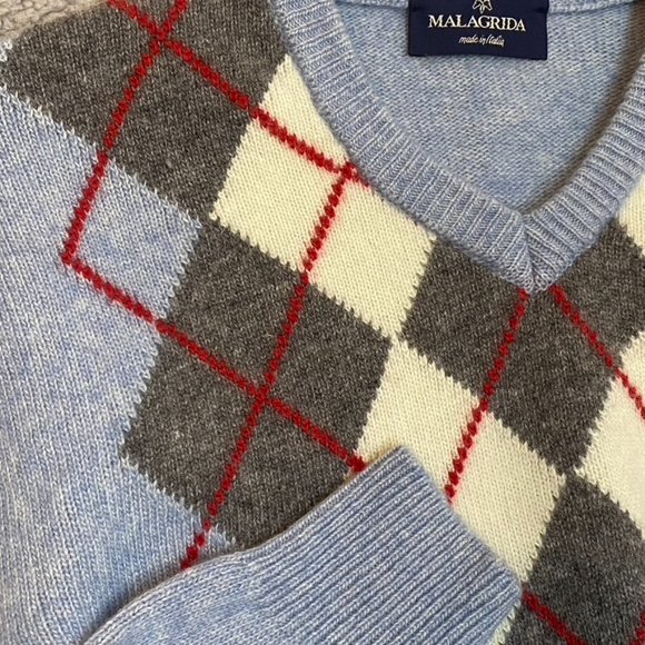 Vintage Malagrida Mens Pullover Sweater Lana Wool Blue Plaid Print Grandpa Style - Picture 3 of 10